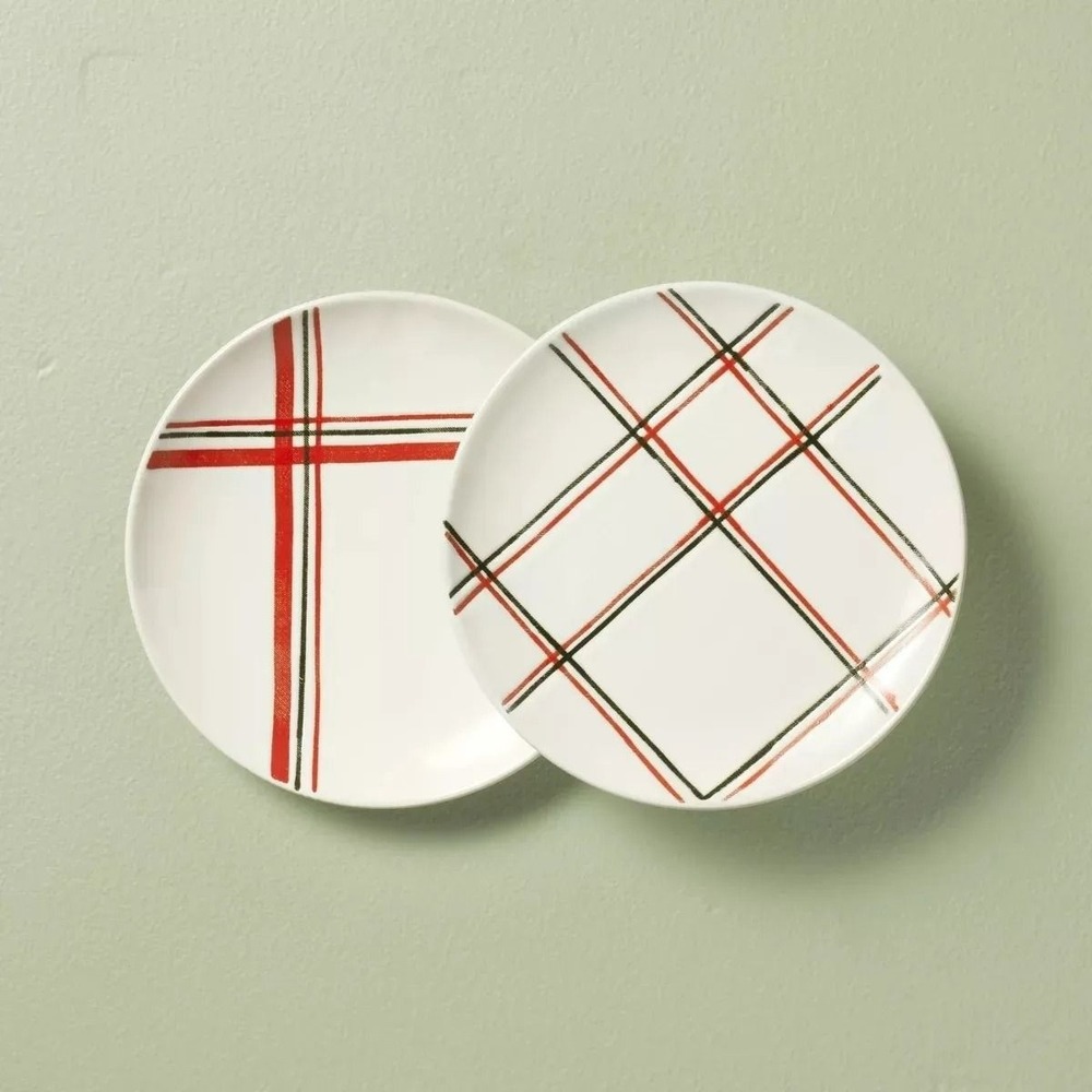 2pc Christmas Plaid Stripes Stoneware Appetizer Plates - Hearth & Hand Magnolia‎